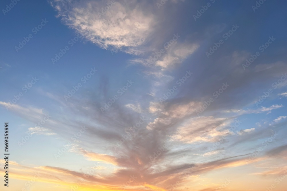 Natural background sky. Celestial Serenity. Cirrus Clouds Painting the Sky in Gentle Hues