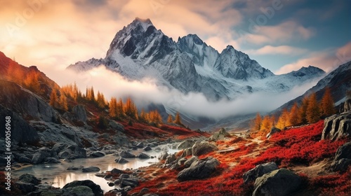 Majestic Mountain Range Framed by Misty Forest and Colorful Autumn Foliage at Dusk generated by AI tool 