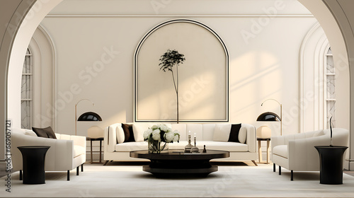 The black and white lounging area with table and floor lamp, in the style of neo - classicist symmetry, light black and beige, arched doorways, minimalist textiles, subtle details, streamline elegance