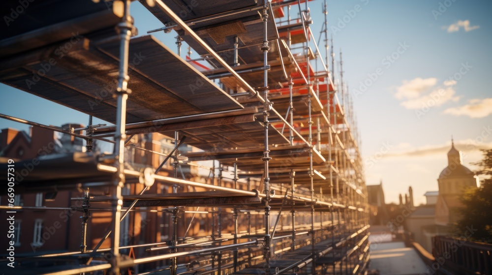 Scaffolding on the facade of a multi - storey building during the repair, reconstruction