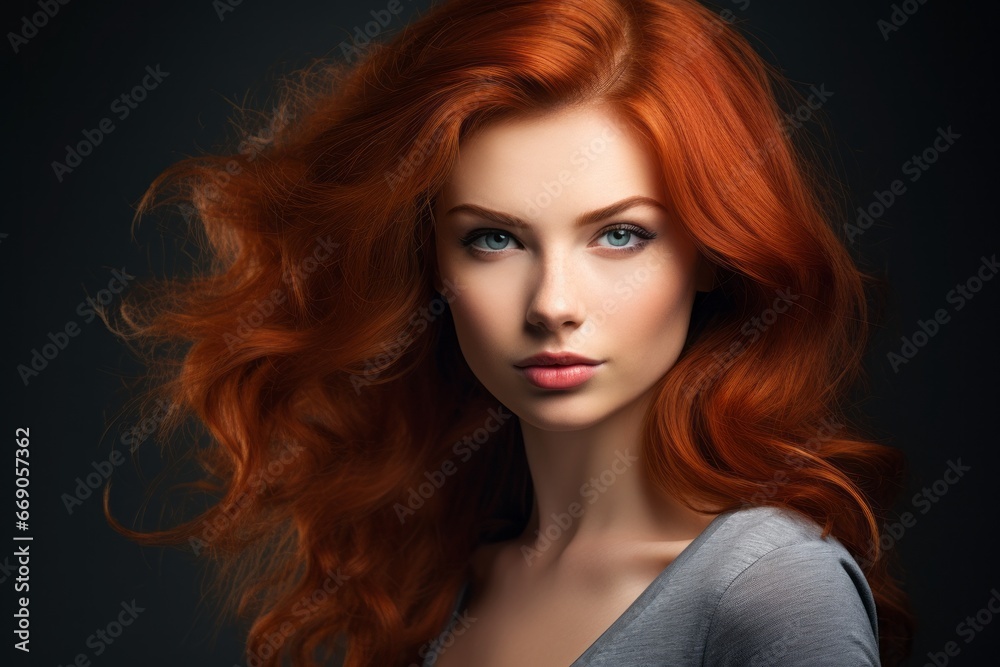 a close-up studio fashion portrait of a face of a young redhead woman with perfect skin, red hair and immaculate make-up. Skin beauty and hormonal female health concept a close-up studio fashion portrait of a face of a young redhead woman with perfect skin, red hair and immaculate make-up. Skin beauty and hormonal female health concept