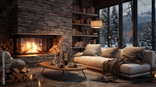 Cozy winter living room interior with modern fireplace in cottage. © sirisakboakaew