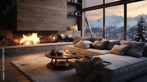 Cozy winter living room interior with modern fireplace in cottage.