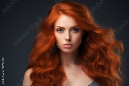 a close-up studio fashion portrait of a face of a young redhead woman with perfect skin, red hair and immaculate make-up. Skin beauty and hormonal female health concept