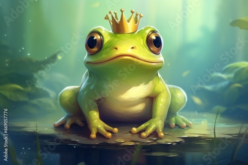 Obraz na płótnie Playful Cute frog prince. Animal crown nature. Generate Ai