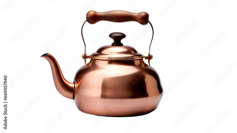 Vintage Copper Kettle with Exquisite Wooden Accents, Isolated on Clear Background