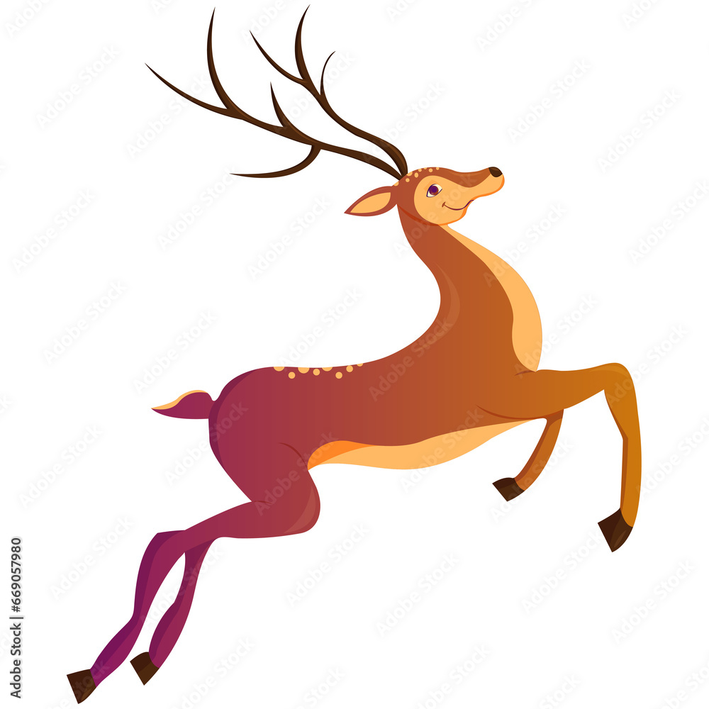 Fototapeta premium Cartoon deer. Winter celebration fairytale animal. Reindeer running vector Christmas character. Merry Christmas and happy new year greeting card.