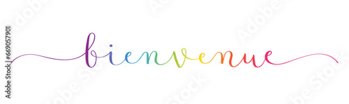 BIENVENUE (WELCOME in French) rainbow gradient brush calligraphy banner with swashes on white background