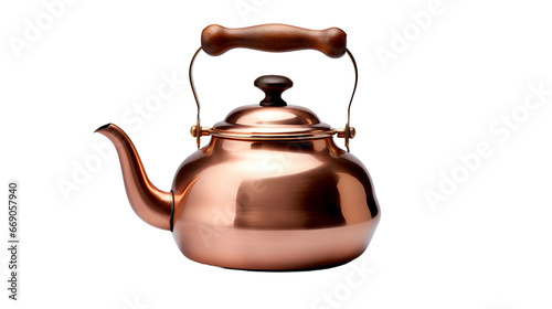 Vintage Copper Kettle with Exquisite Wooden Accents, Isolated on Clear Background