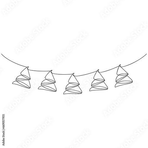 Vector Christmas tree garland line continuous drawing. Party bunting decoration. Hand drawn illustration, graphic design, cartoon print, banner, card, poster, symbol, holiday decor, doodle drawing.