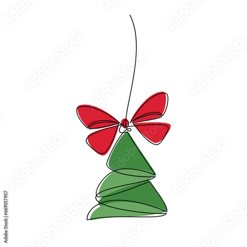 Holiday decor vector icon. Green Christmas tree ball bauble red ribbon bow line continuous drawing. Hand drawn illustration, graphic design, print, banner, card, poster, symbol, festive ornament.