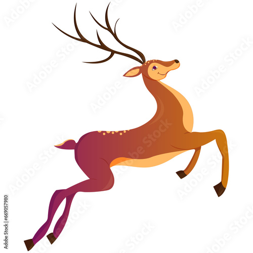 Cartoon deer. Winter celebration fairytale animal. Reindeer running vector Christmas character. Merry Christmas and happy new year greeting card.