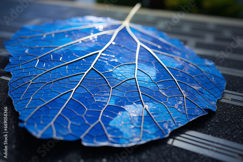 An innovative futuristic solar panel designed in the likeness of an organic leaf, offering a sustainable solution to ecological problems through the harmonious integration of technology and nature