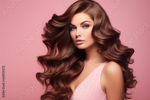 a close-up studio fashion portrait of a young woman with perfect skin, long wavy brown hair and immaculate make-up. Pink background. Skin beauty and hormonal female health concept