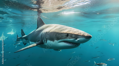 Shark swimming under sun rays in the blue ocean waters. Generative AI