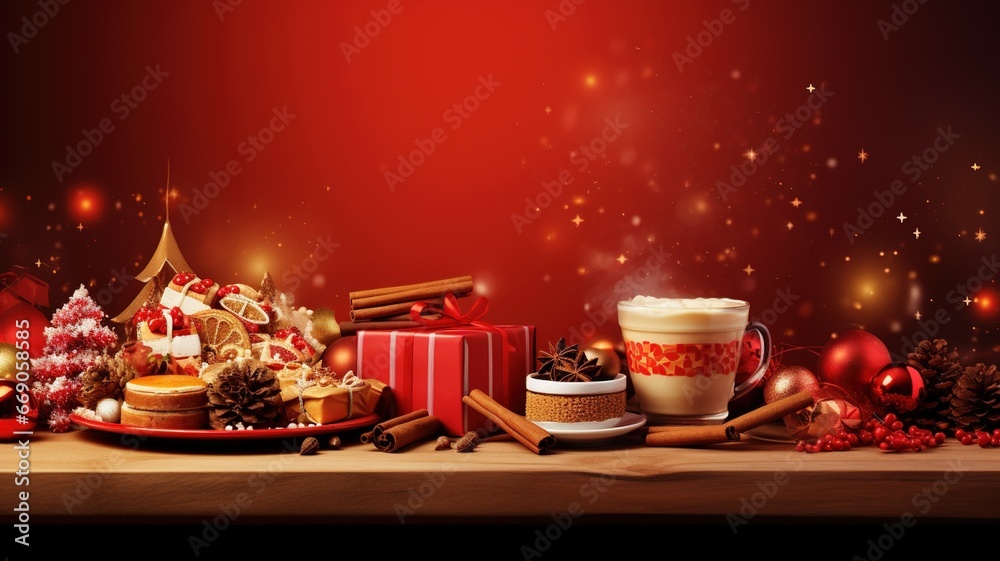 Fototapeta premium A Christmas-themed reddish background adorned with Christmas decorations at the bottom, featuring space for text at the top, ideal for Christmas advertisements and promotions