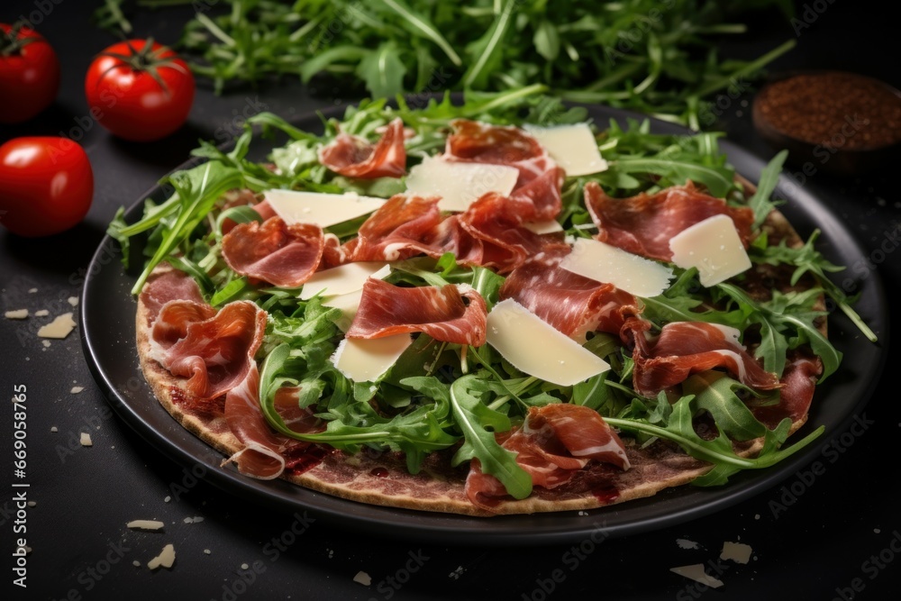 Tangy Arugula dried meat salad. Vegetable dinner. Generate Ai Tangy Arugula dried meat salad. Vegetable dinner. Generate Ai