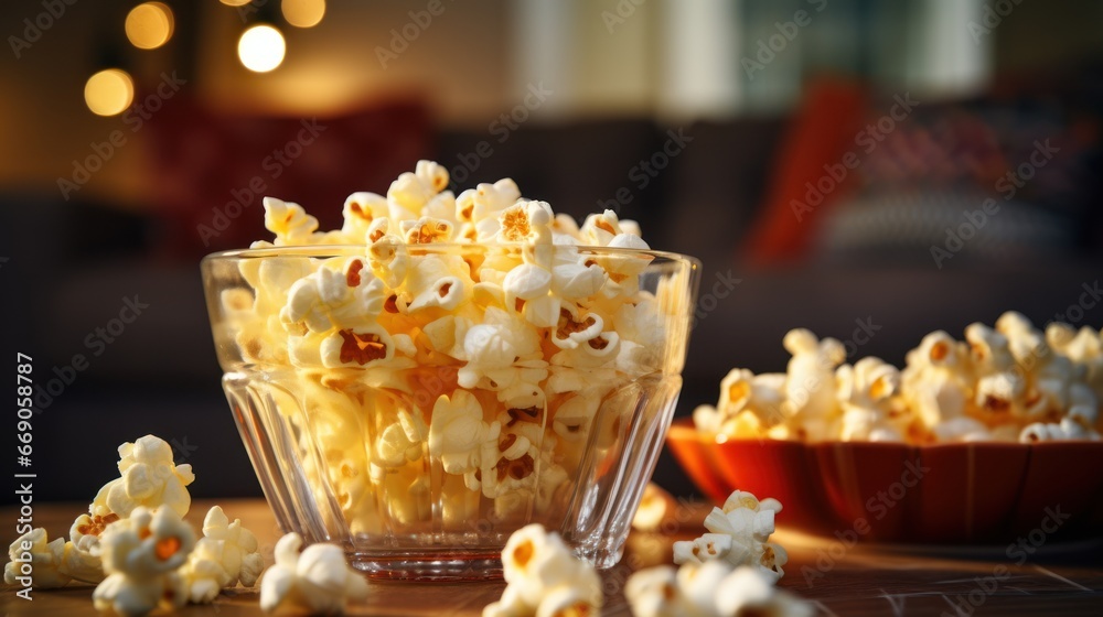 Popcorn in a glass bowl and remote control in front of TV for home decoration.