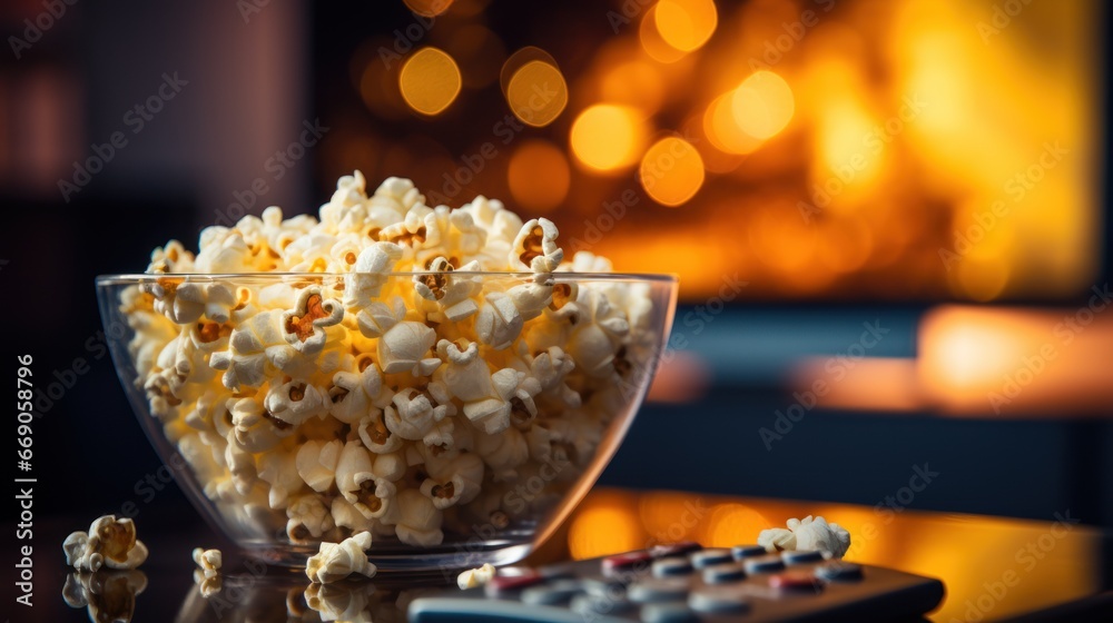 Popcorn in a glass bowl and remote control in front of TV for home decoration. Popcorn in a glass bowl and remote control in front of TV for home decoration.