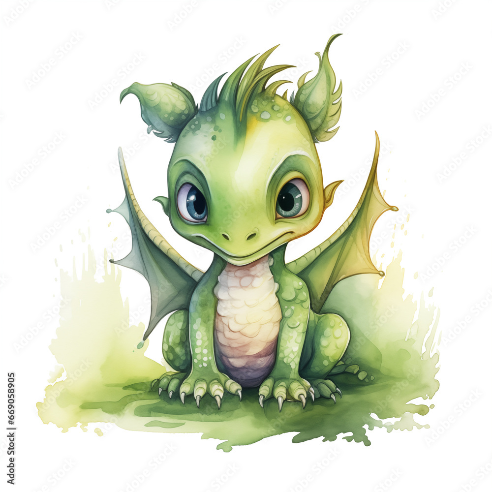 Fototapeta premium Cute watercolor little dragon baby illustration isolated clipart character