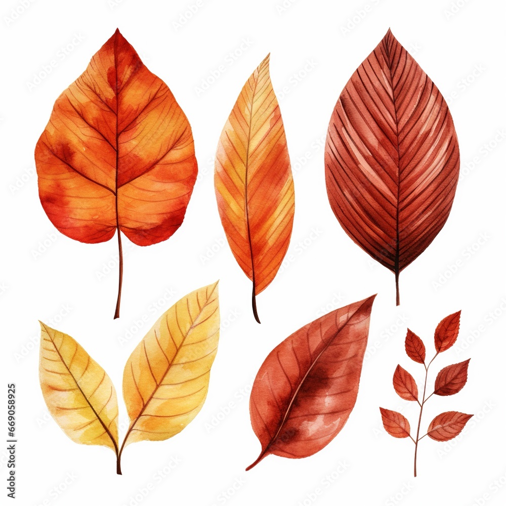 Obraz premium Collection of autumn leaves, watercolor illustration, set