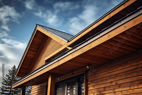 Roof showing gutters aluminum and soffit on the back of wooden house