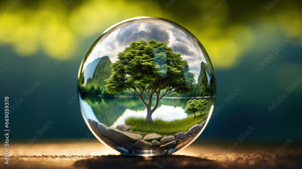 Crystal ball with tree inside. Bonsai concept Crystal ball with tree inside. Bonsai concept