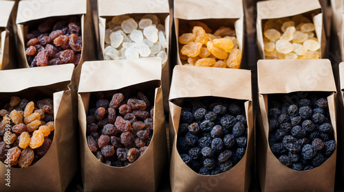 Different raisins packaged in paper bags