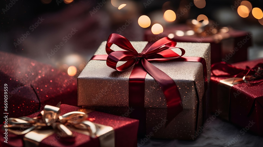 Christmas and New Year gifts in boxes wrapped with ribbon with a bow. Christmas and New Year gifts in boxes wrapped with ribbon with a bow.