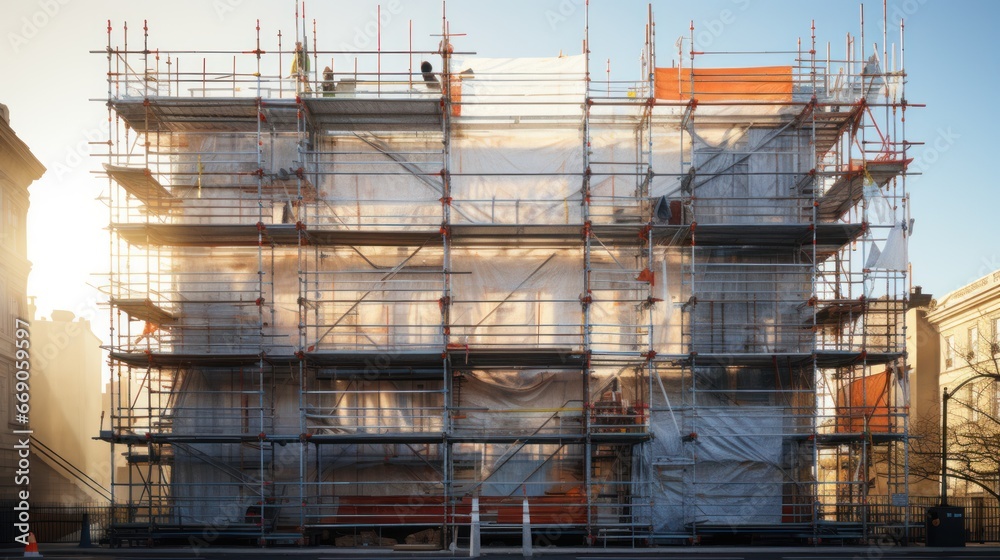scaffolding on the façade of a multi - storey building during repair, reconstruction, scaffolding on the façade of a multi - storey building during repair, reconstruction,