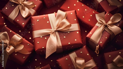 Christmas and New Year gifts in boxes wrapped with ribbon with a bow.