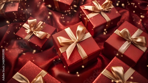Christmas and New Year gifts in boxes wrapped with ribbon with a bow.