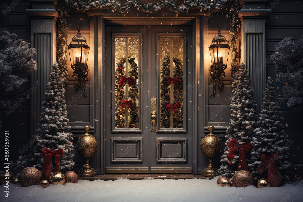 Entrance to house decorated with Christmas garlands and wreaths. Generative AI