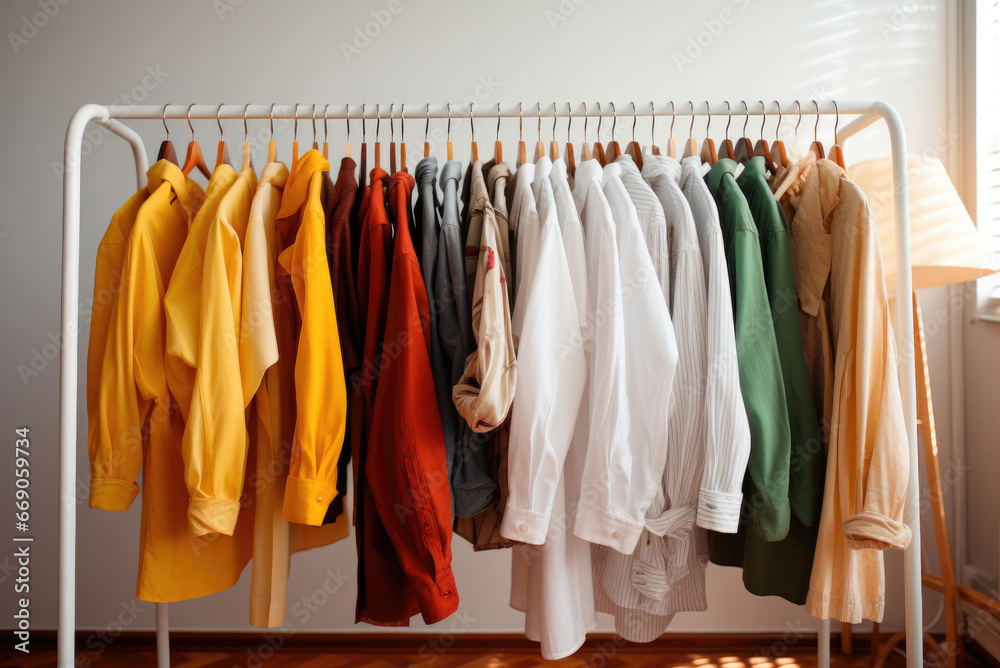 Collection of clothes hanging on rack