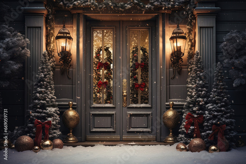 Entrance to house decorated with Christmas garlands and wreaths. Generative AI