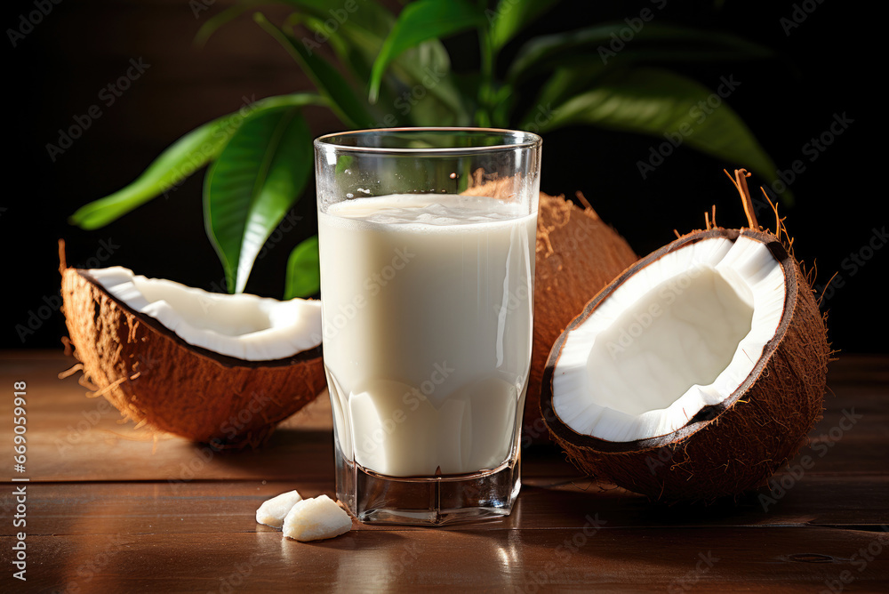 Coconut milk in a glass on the table Coconut milk in a glass on the table