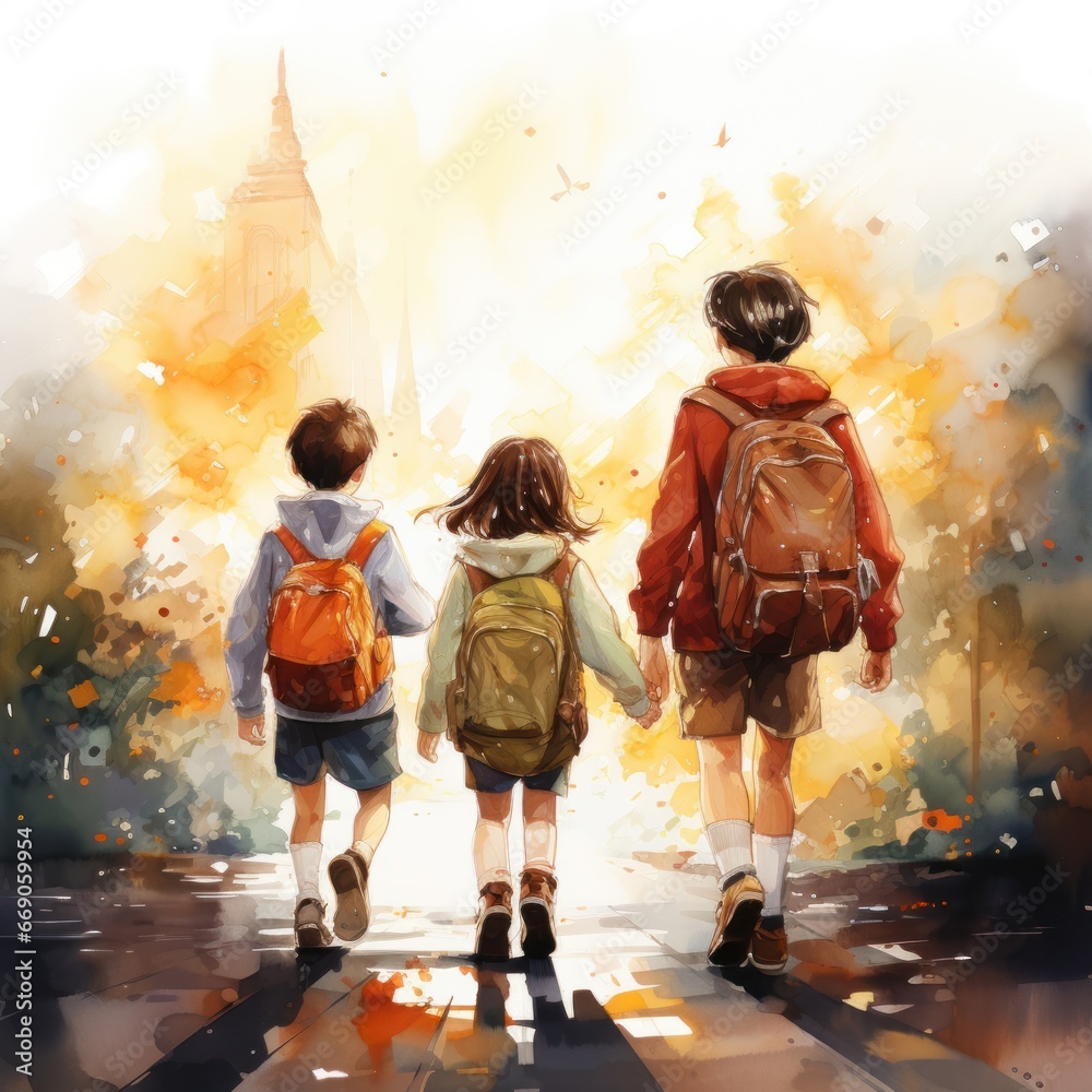Vector art of Watercolor illustration, drawing of young children going to school,