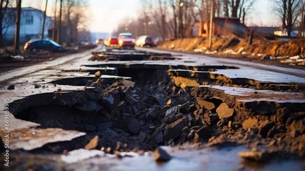 Pothole on the road. Damaged asphalt surface. Hole in a tarmac. Generative AI Pothole on the road. Damaged asphalt surface. Hole in a tarmac. Generative AI