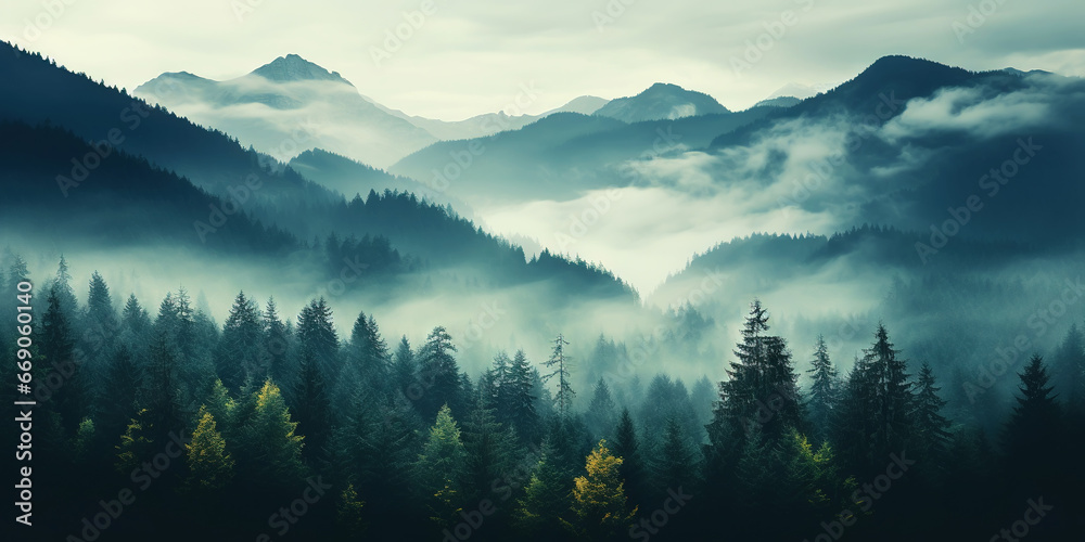 Misty mountain landscape with fir forest in vintage retro style. Generative AI - obrazy, fototapety, plakaty 