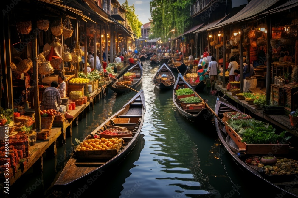 Vibrant Floating food market river. Canal river. Generate Ai