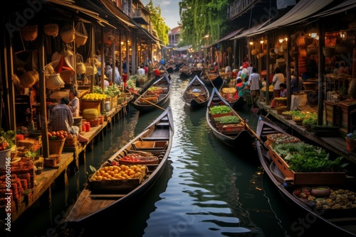 Vibrant Floating food market river. Canal river. Generate Ai © juliars