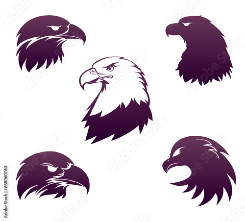 A set of eagle head silhouettes. Head of a bald eagle