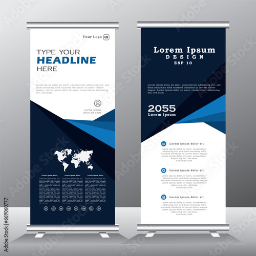 roll up banner design, roll up banner template with blue and white color, vertical banner, x banner, pull up, geometric shape banner, vector