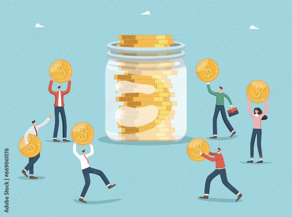 Concept of income and salary growth, increasing the value of business and investment portfolio, money management, financial growth, improvement of economy, people carry coins to a jar of coins. Concept of income and salary growth, increasing the value of business and investment portfolio, money management, financial growth, improvement of economy, people carry coins to a jar of coins.
