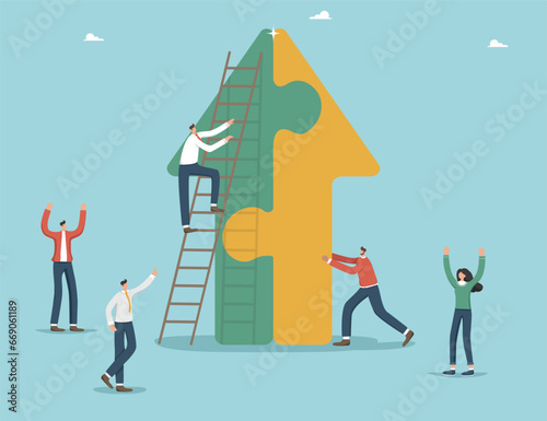 Teamwork to achieve heights in work, strategic planning in achieving common goals, cooperation for fast pace of business development, teamwork for financial growth, people near the arrow with puzzles.