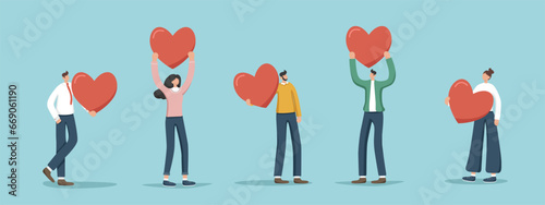 Support concept, help charity campaign for public awareness, mental health, keep balance between work and personal life, inspiration and motivation, find a dream job, set of random people with hearts.