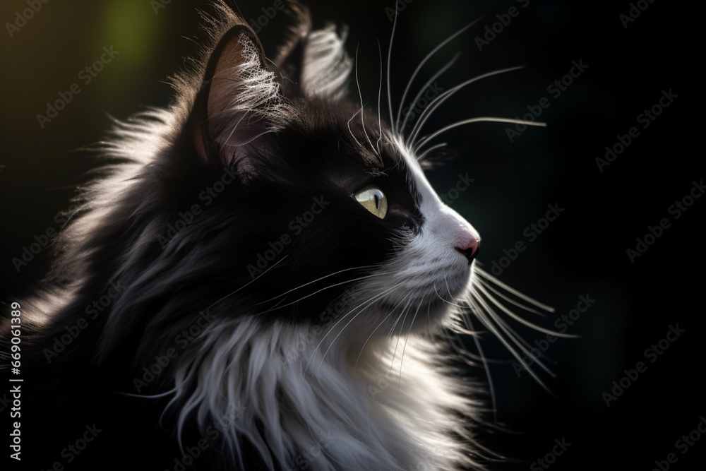 Portrait of a black and white cat in a beam of light on dark background