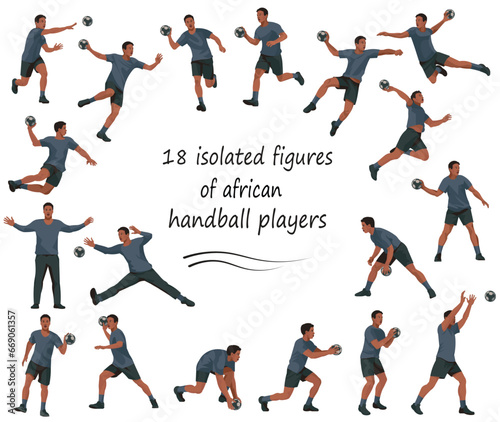 18 figures of dark-skinned handball players and goalkeepers in black uniforms playing  training  standing  running  rushing  jumping  catching  throwing the ball