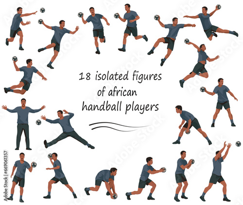 18 figures of dark-skinned handball players and goalkeepers in black uniforms playing, training, standing, running, rushing, jumping, catching, throwing the ball