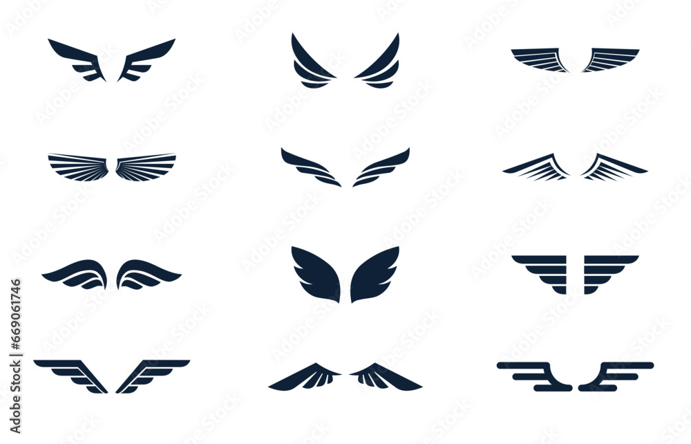 Set of simple icons of various wings Set of simple icons of various wings